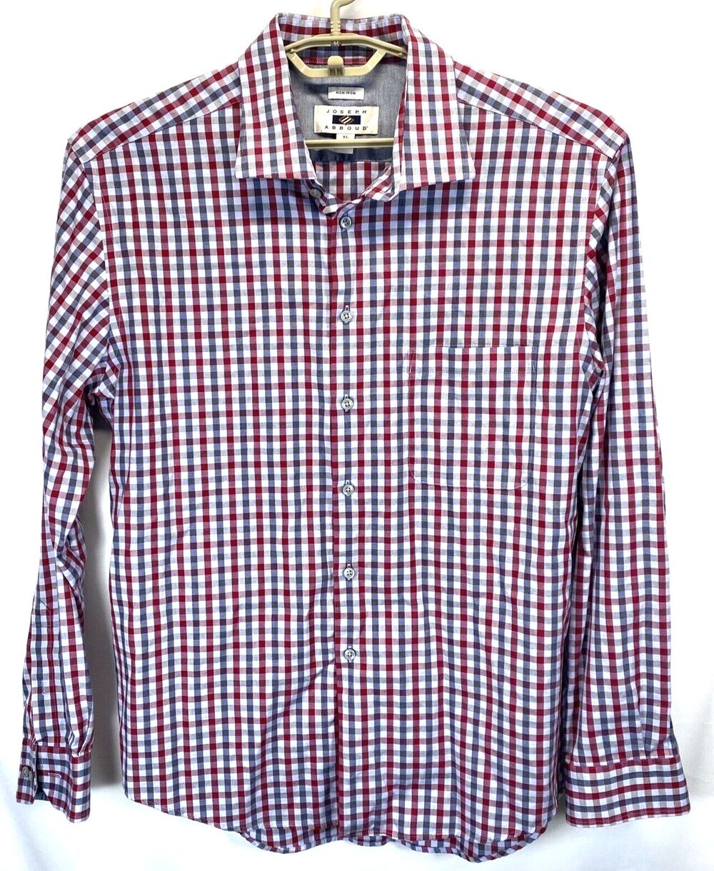 Joseph Abboud Men’s Shirt Sz XL Cotton No Iron Red/Gray/White Check Long Sleeve